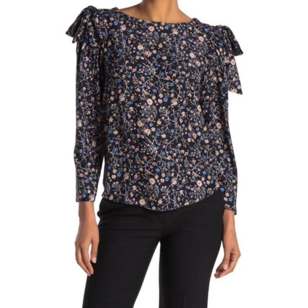 Rebecca Taylor Vivianna Floral Vine Silk Blouse Bows Tie Shoulder